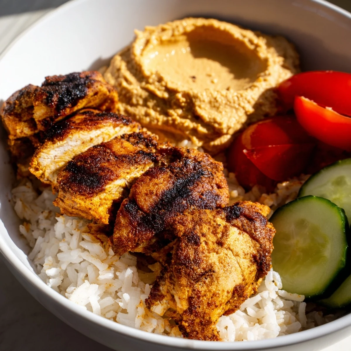 Savory Chicken Shawarma Bowls combine warm spiced chicken, smooth hummus, salad greens, and fragrant rice, ready for a satisfying meal.
