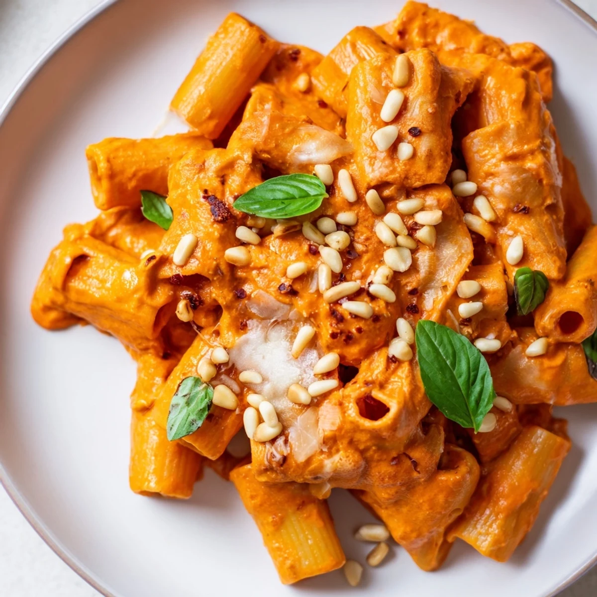 Plate of roasted red pepper pasta with goat cheese, ready to serve with crusty bread and a glass of white wine.