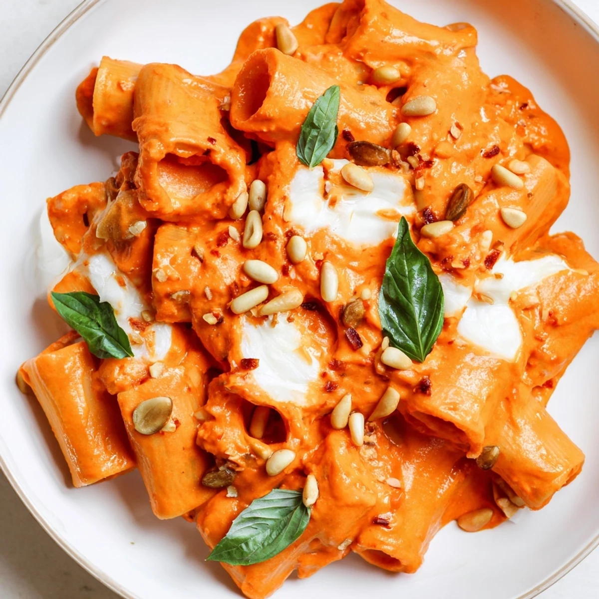 A close-up of roasted red pepper pasta with goat cheese, showing velvety sauce, herbs, and pine nuts in a skillet.