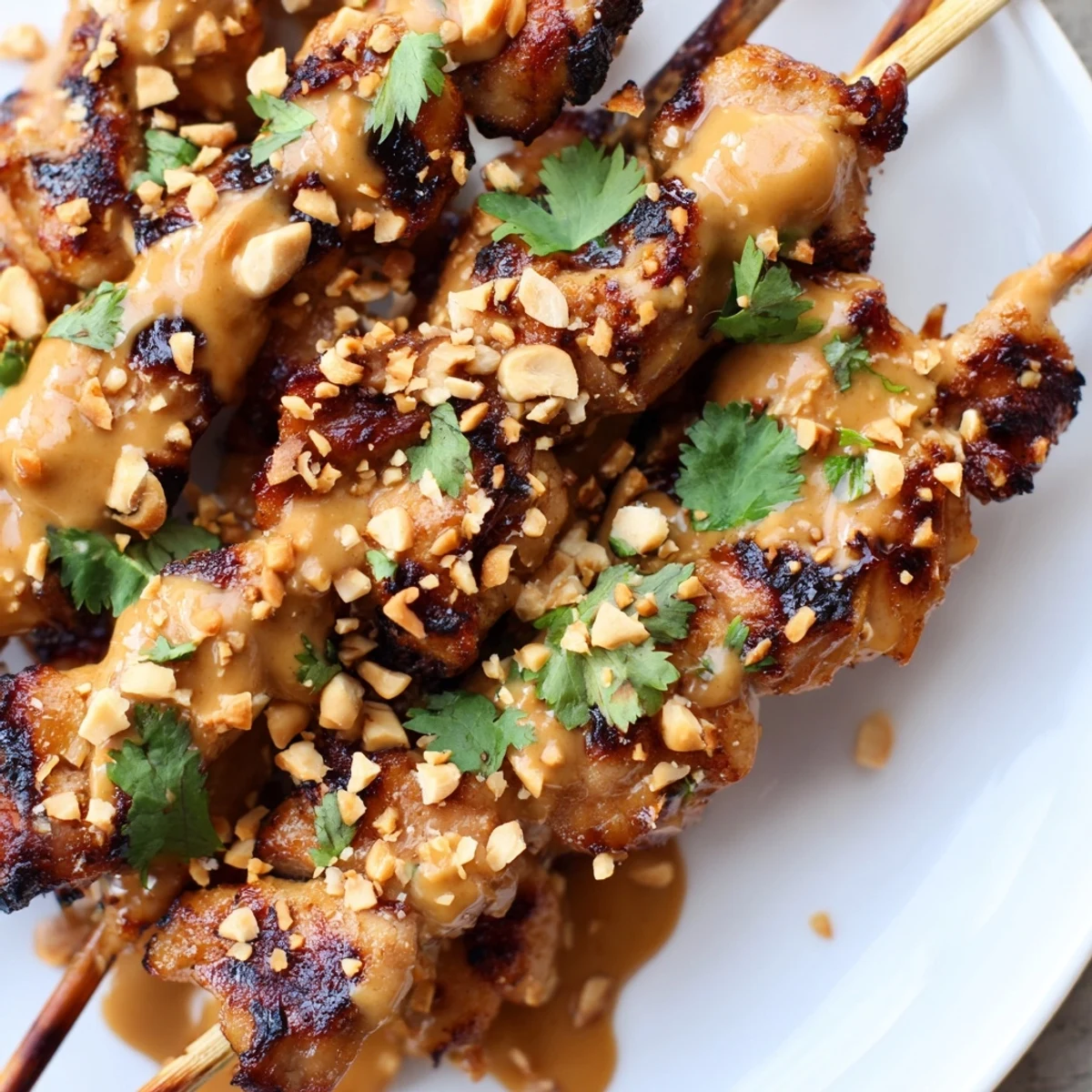 Grilled Chicken Satay Skewers glazed with char marks, drizzled with creamy peanut sauce and fresh lime.