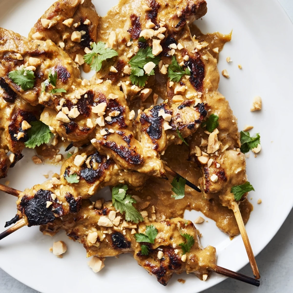 Close-up of tender Chicken Satay Skewers with peanut sauce dip and rice for a flavorful appetizer.