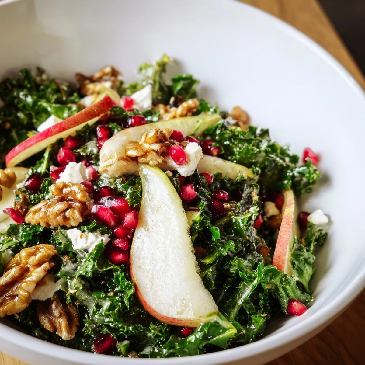Vibrant Winter Green Salad with Pear and Walnuts topped with crumbled blue cheese and pomegranate seeds on a rustic wooden table.