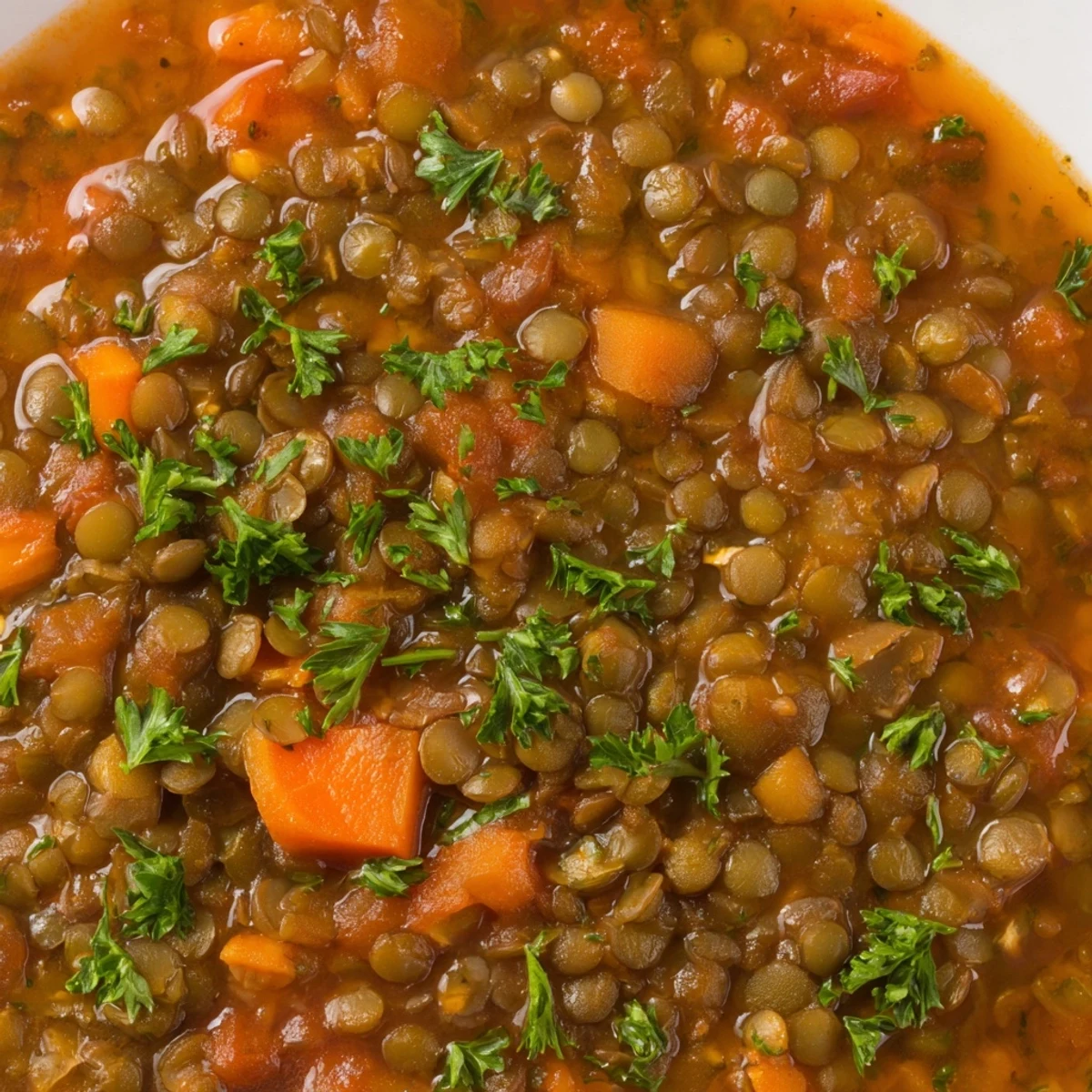 Steaming bowl of Spicy Lentil Soup with Carrots and Celery, garnished with fresh parsley and a lemon wedge.