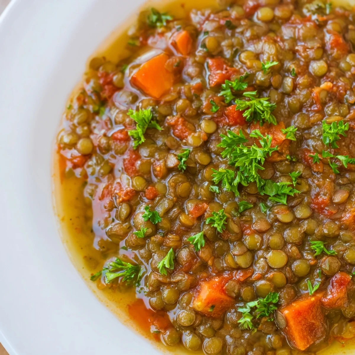 Spicy Lentil Soup with Carrots and Celery served in a rustic bowl, perfect for a cozy vegan dinner.