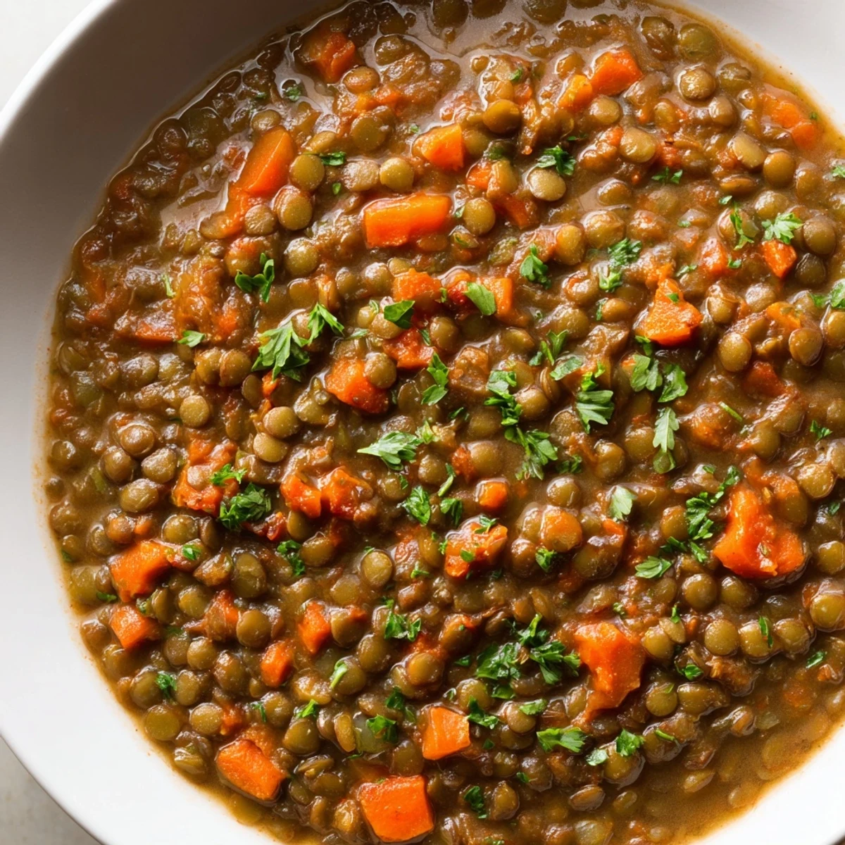 A close-up of Spicy Lentil Soup with Carrots and Celery, highlighting the vibrant orange and green vegetables.