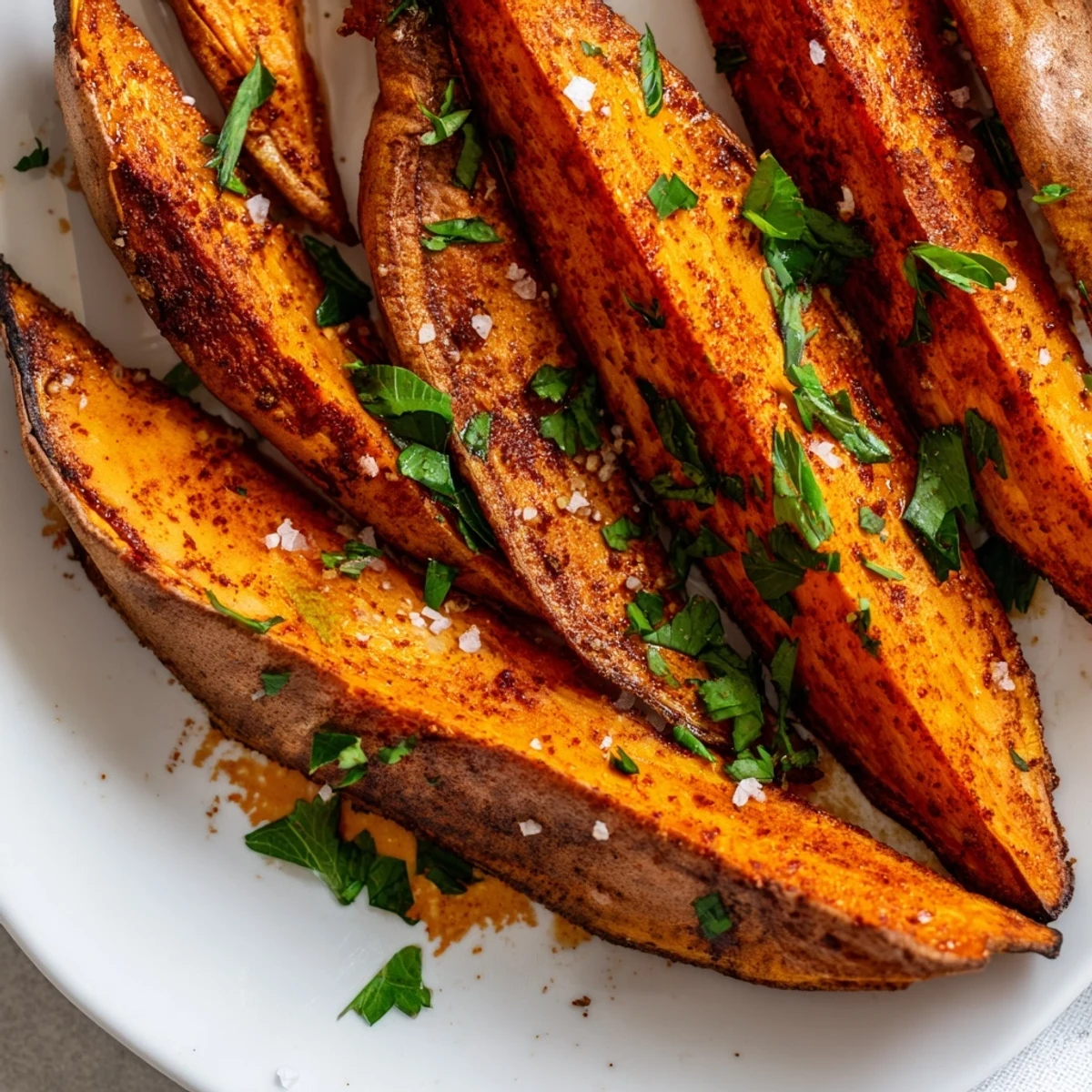 Bowl of smoky paprika roasted sweet potato wedges, garnished with fresh parsley and a sprinkle of flaky sea salt.