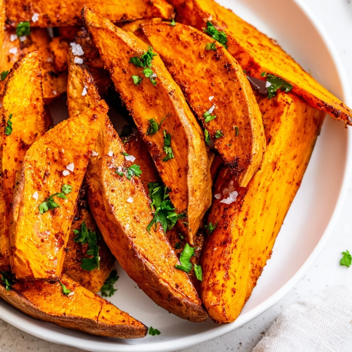 Hands holding a crispy baked sweet potato wedge with paprika, ready to be dipped in garlic aioli.