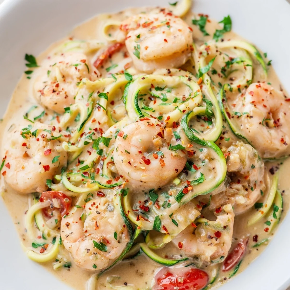 Succulent shrimp coated in rich garlic cream sauce tossed with tender zucchini noodles.