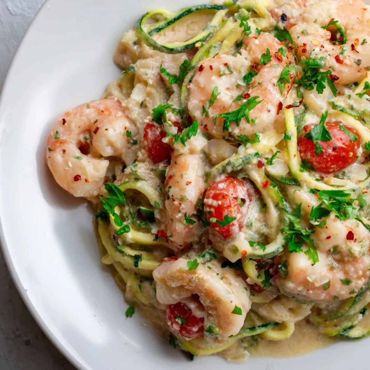 Serving suggestion for Creamy Garlic Shrimp with Zucchini Noodles over white wine.