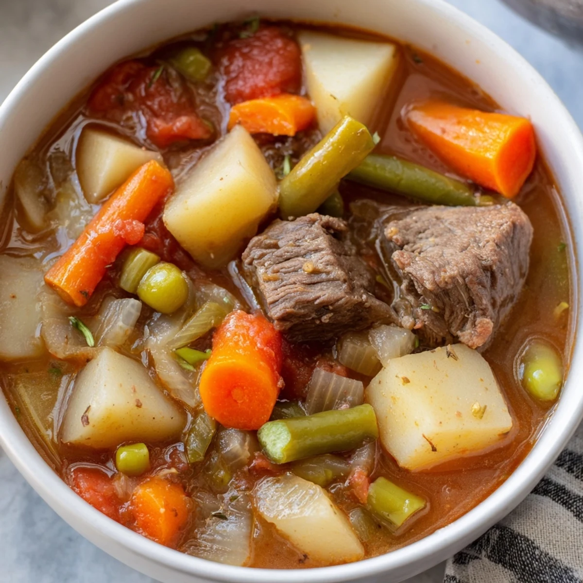 A ladle lifts savory Beef Vegetable Soup with Potatoes, showcasing chunky vegetables in a rich, tomato-based broth.