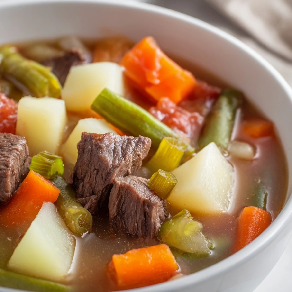 Steaming Beef Vegetable Soup with Potatoes bubbles in a Dutch oven, packed with tender beef, carrots, and potatoes.