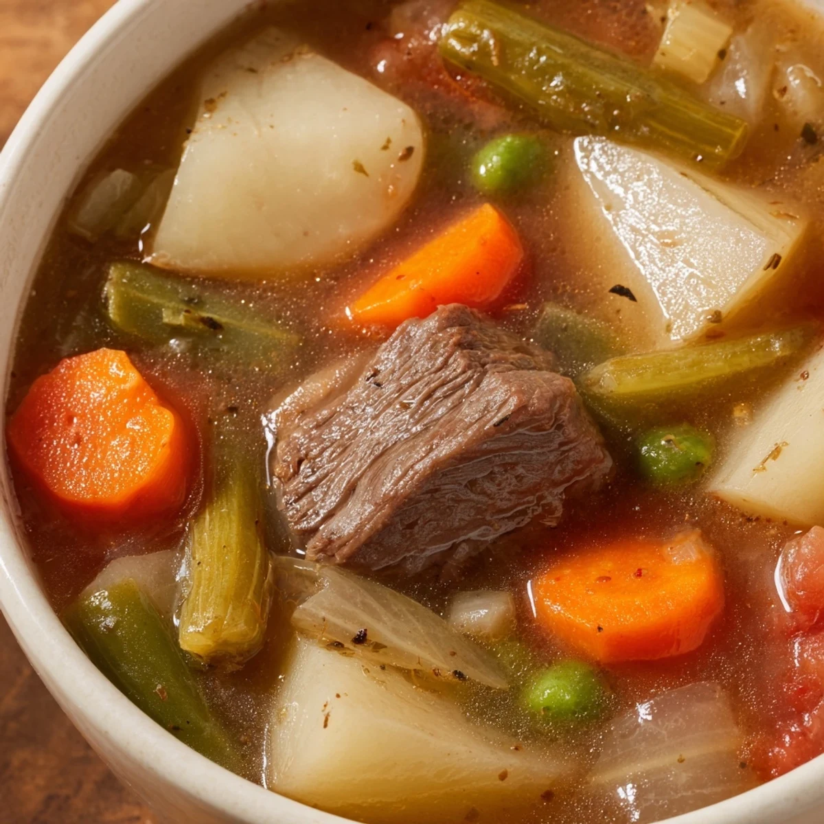 Served in a rustic bowl, Beef Vegetable Soup with Potatoes garnished with fresh parsley and crusty gluten-free bread.