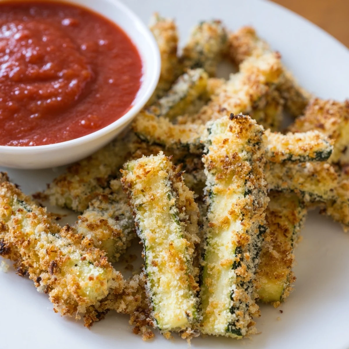 Golden-baked zucchini fries with Parmesan crust and a small bowl of tangy marinara sauce for dipping.