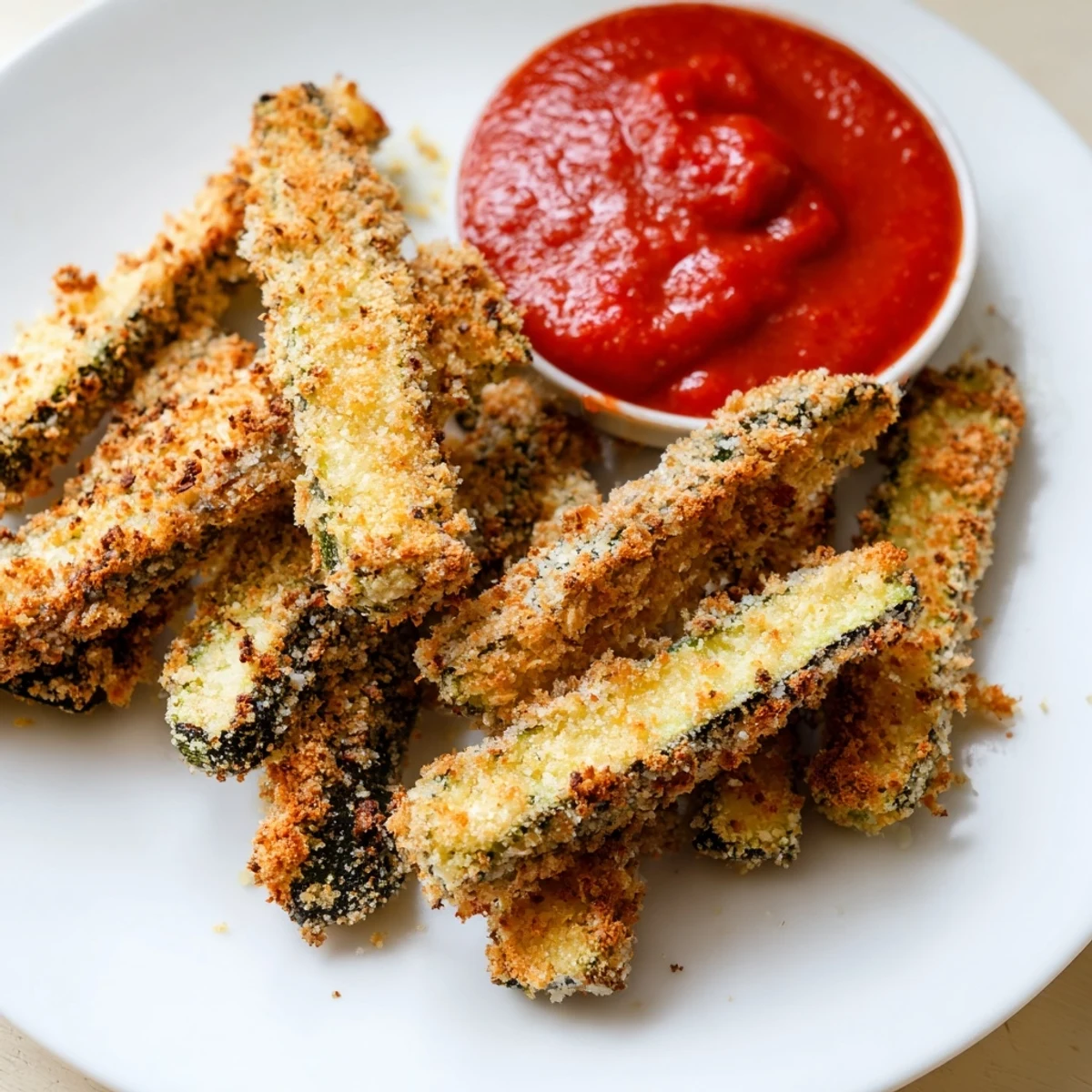 Crispy Baked Zucchini Fries with Marinara Sauce on a rustic plate, ready to serve as a vegetarian appetizer or snack.
