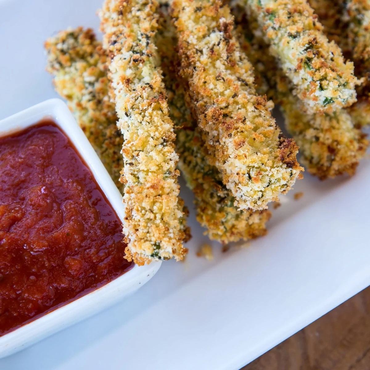 Close-up on crunchy, oven-baked zucchini fries beside a vibrant bowl of homemade marinara sauce for dipping.