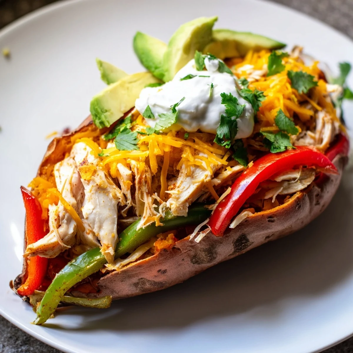 Fresh cilantro, creamy avocado, and a dollop of sour crowper atop the open-faced Chicken Fajita Stuffed Sweet Potatoes.