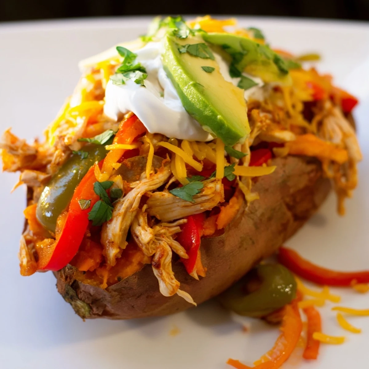 Golden roasted Chicken Fajita Stuffed Sweet Potatoes are filled with spiced chicken and colorful bell peppers on a rustic plate.