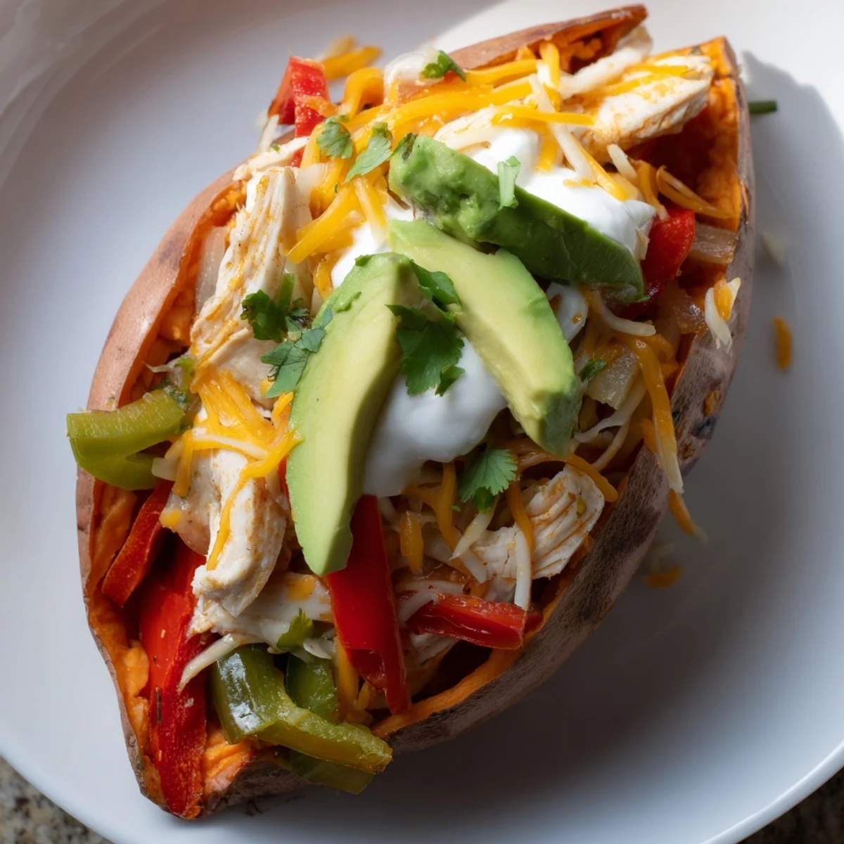 Steam rises from the split sweet potatoes revealing a hearty Chicken Fajita Stuffed Sweet Potatoes filling with onions and cheese.