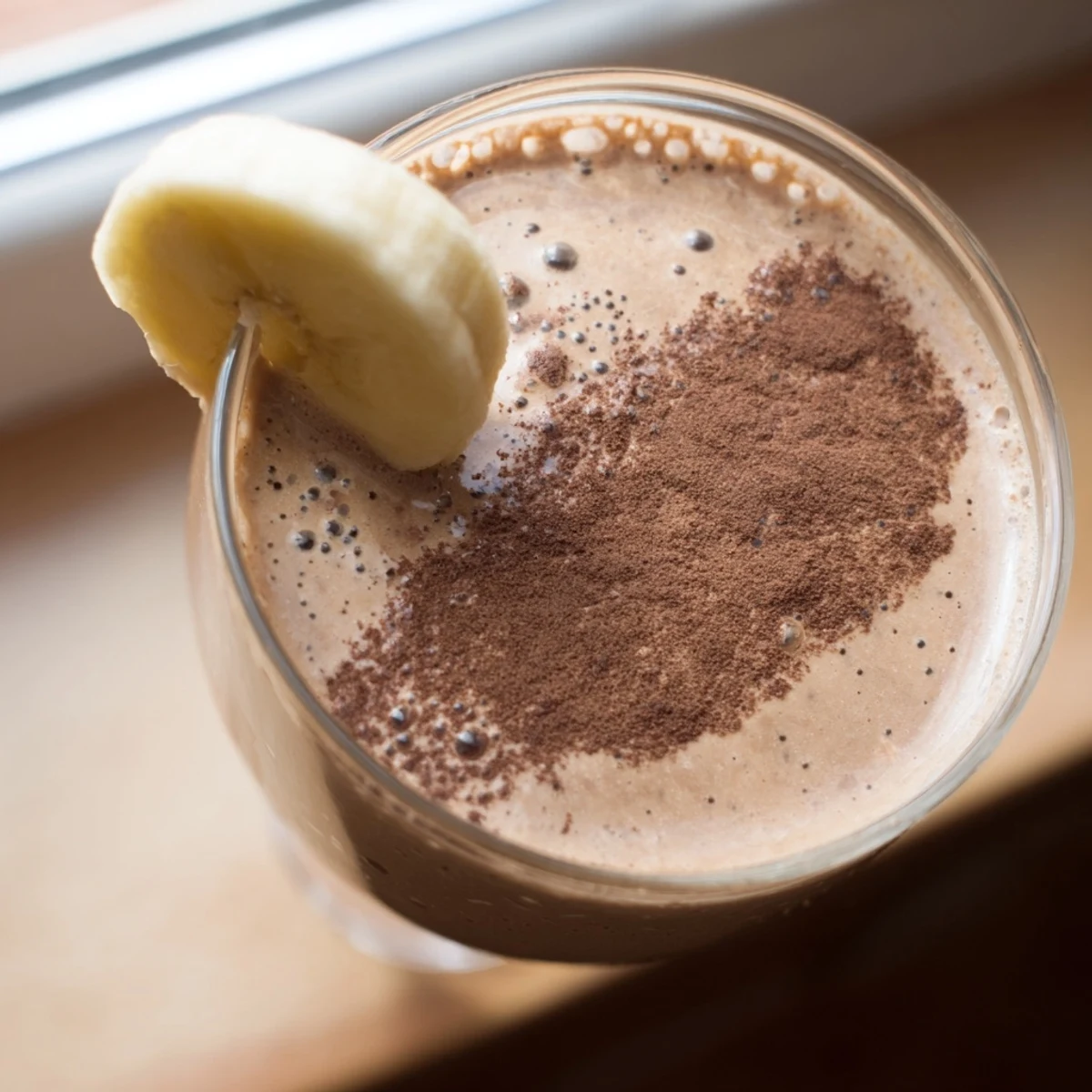 Two tall glasses of Chocolate Peanut Butter Smoothie with Banana, garnished with a peanut crumble and banana slices on a marble counter.