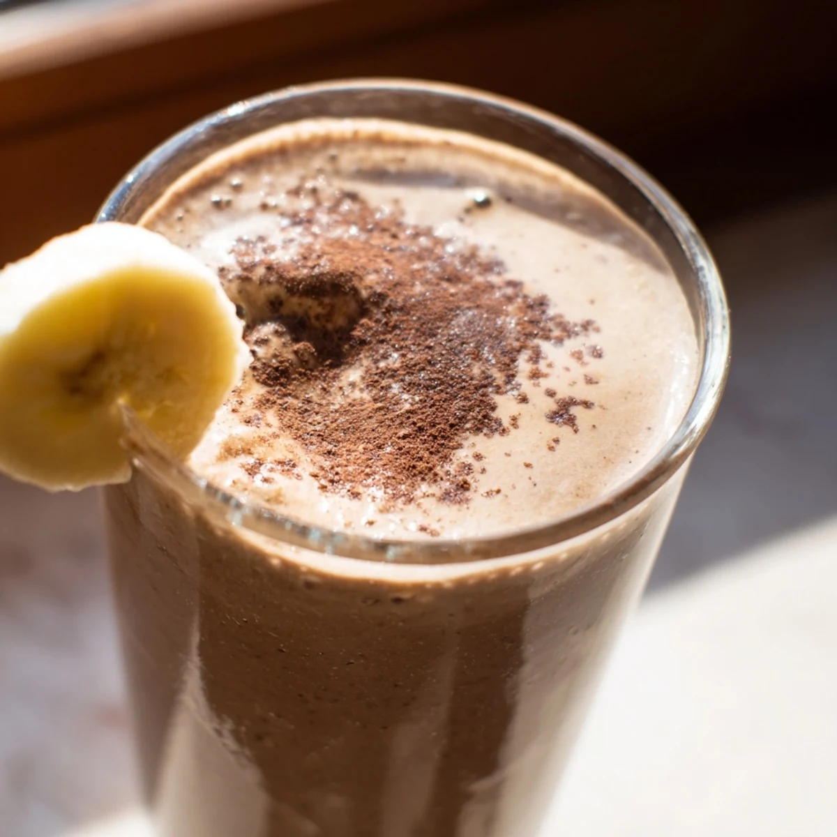 Close-up of a creamy Chocolate Peanut Butter Smoothie with Banana topped with shaved chocolate, condensation on the glass in morning light.