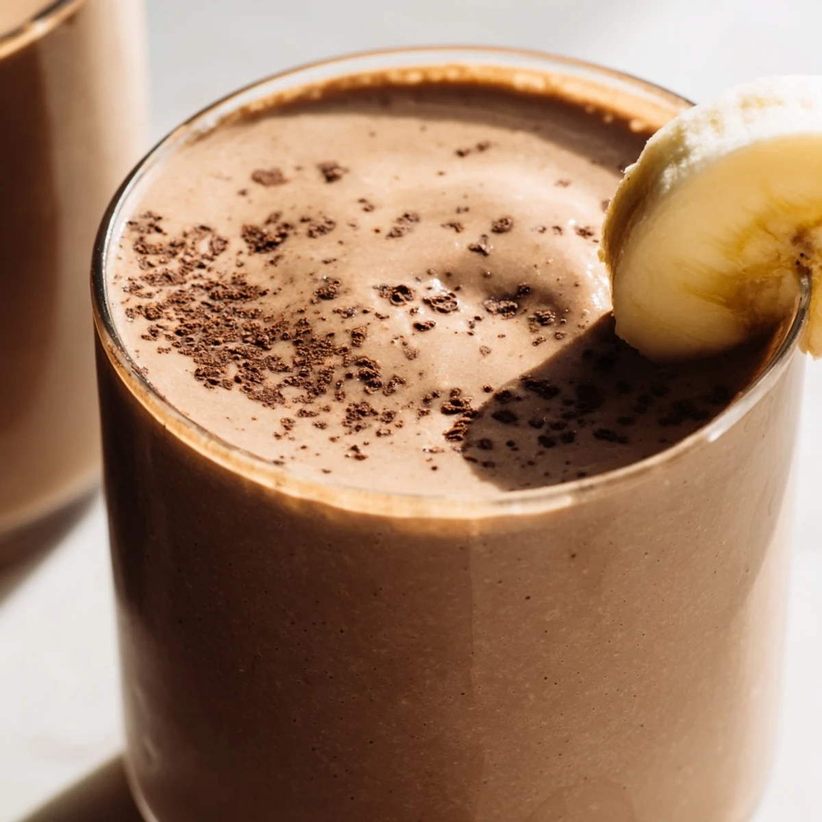 Healthy Chocolate Peanut Butter Smoothie with Banana in a mason jar with a striped straw, ready to drink for breakfast or a snack.
