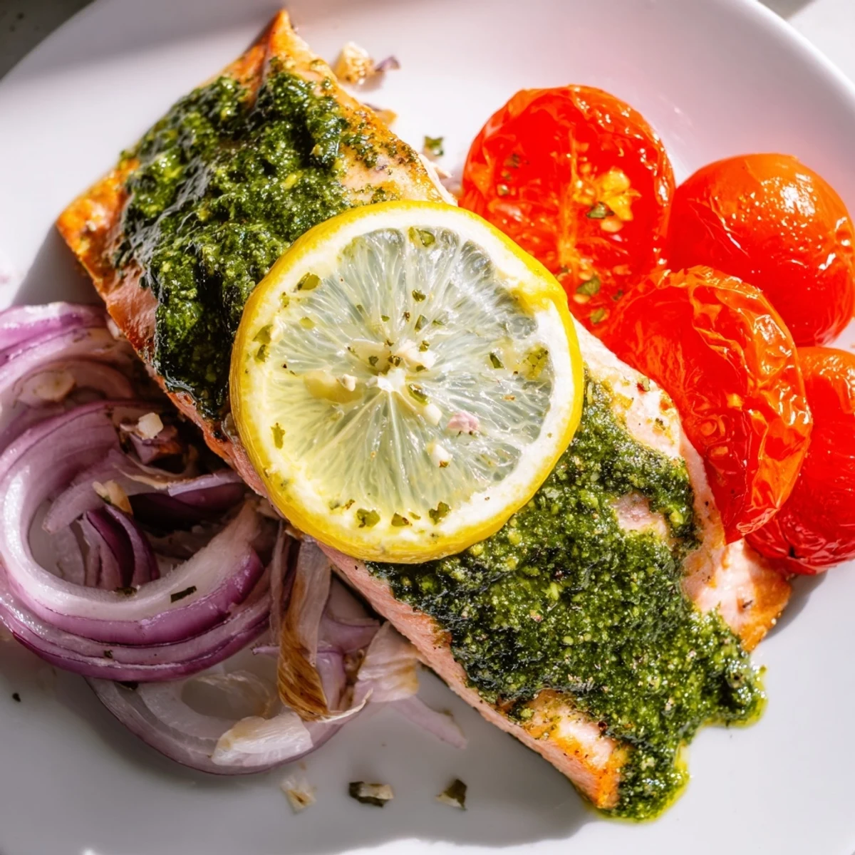 Freshly baked salmon fillets topped with vibrant green pesto and roasted cherry tomatoes on a baking sheet.