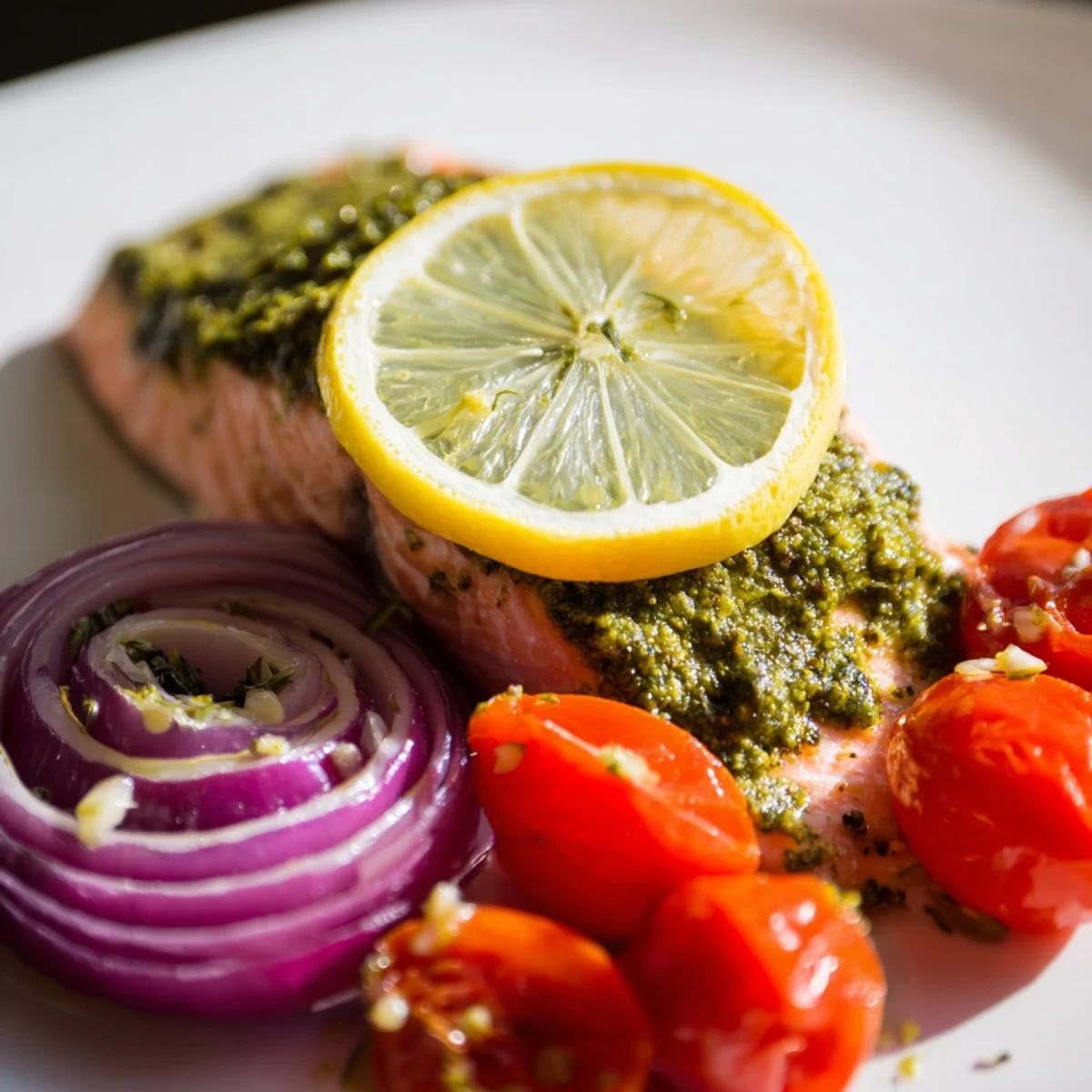 Golden-baked salmon with pesto and blistered cherry tomatoes, garnished with fresh basil leaves for serving.