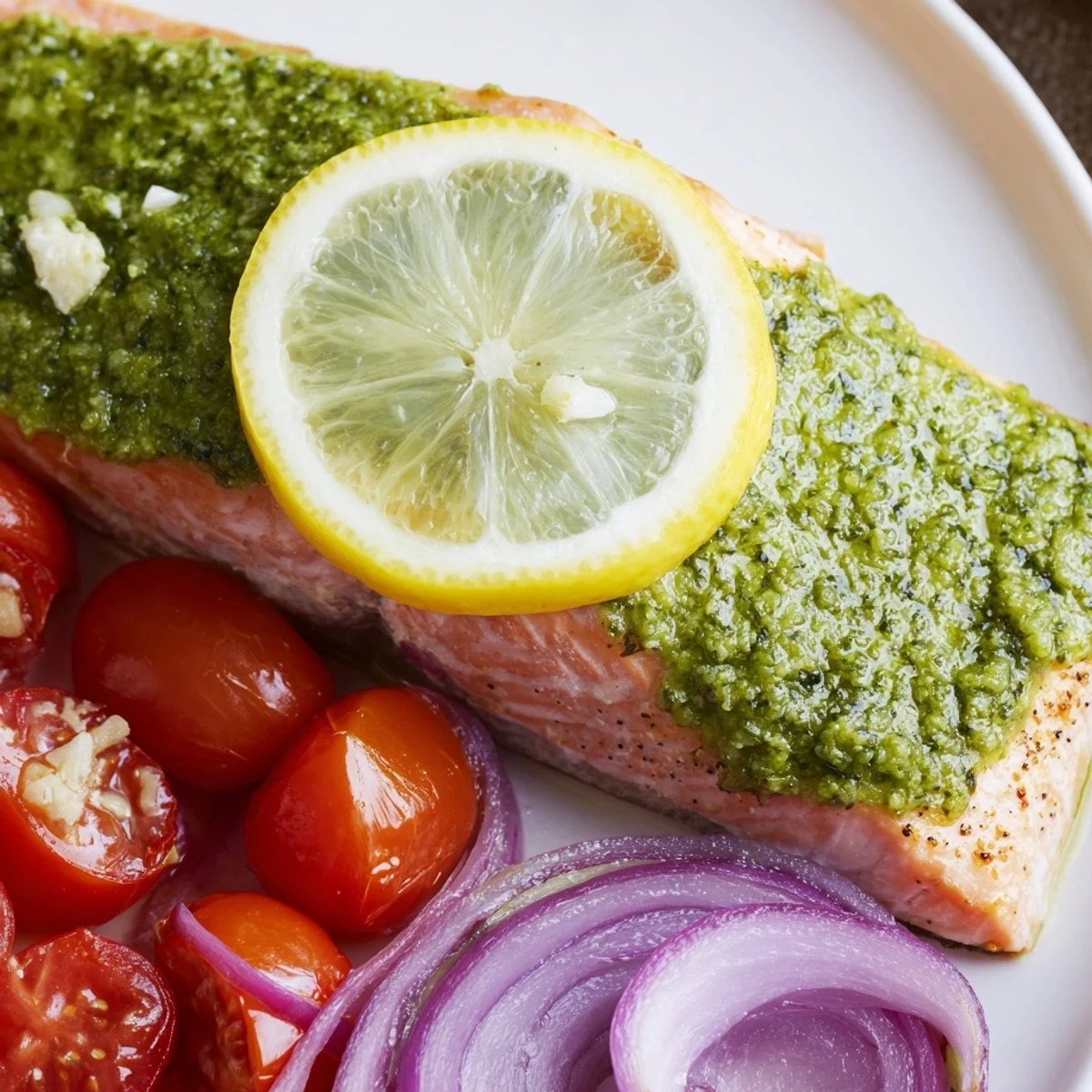 Tender, flaky Baked Salmon with Pesto and Cherry Tomatoes plated with lemon slices and a side salad.