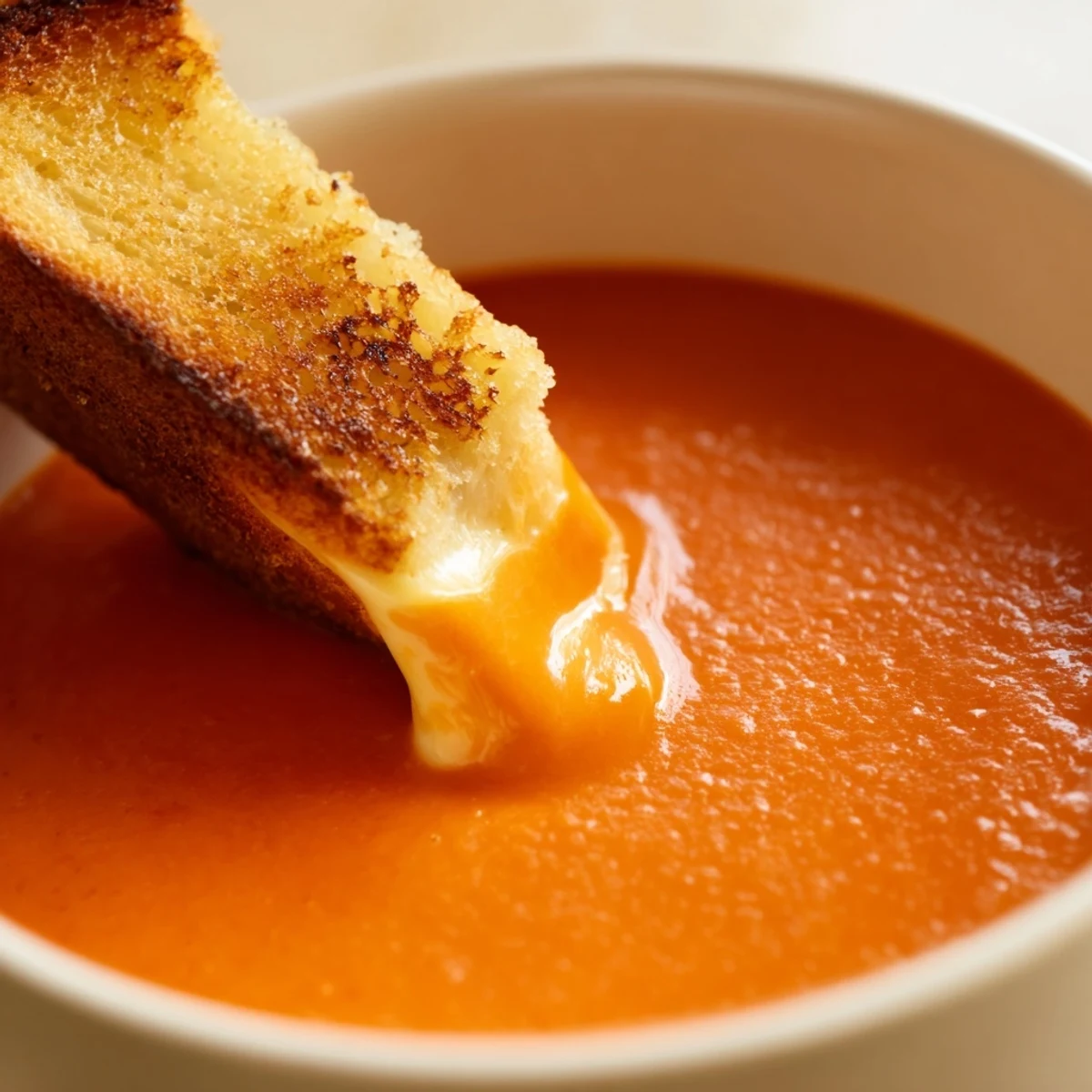 Creamy Tomato Soup with Grilled Cheese Dippers served steaming hot in a white bowl, with golden, melty sandwich strips on the side.