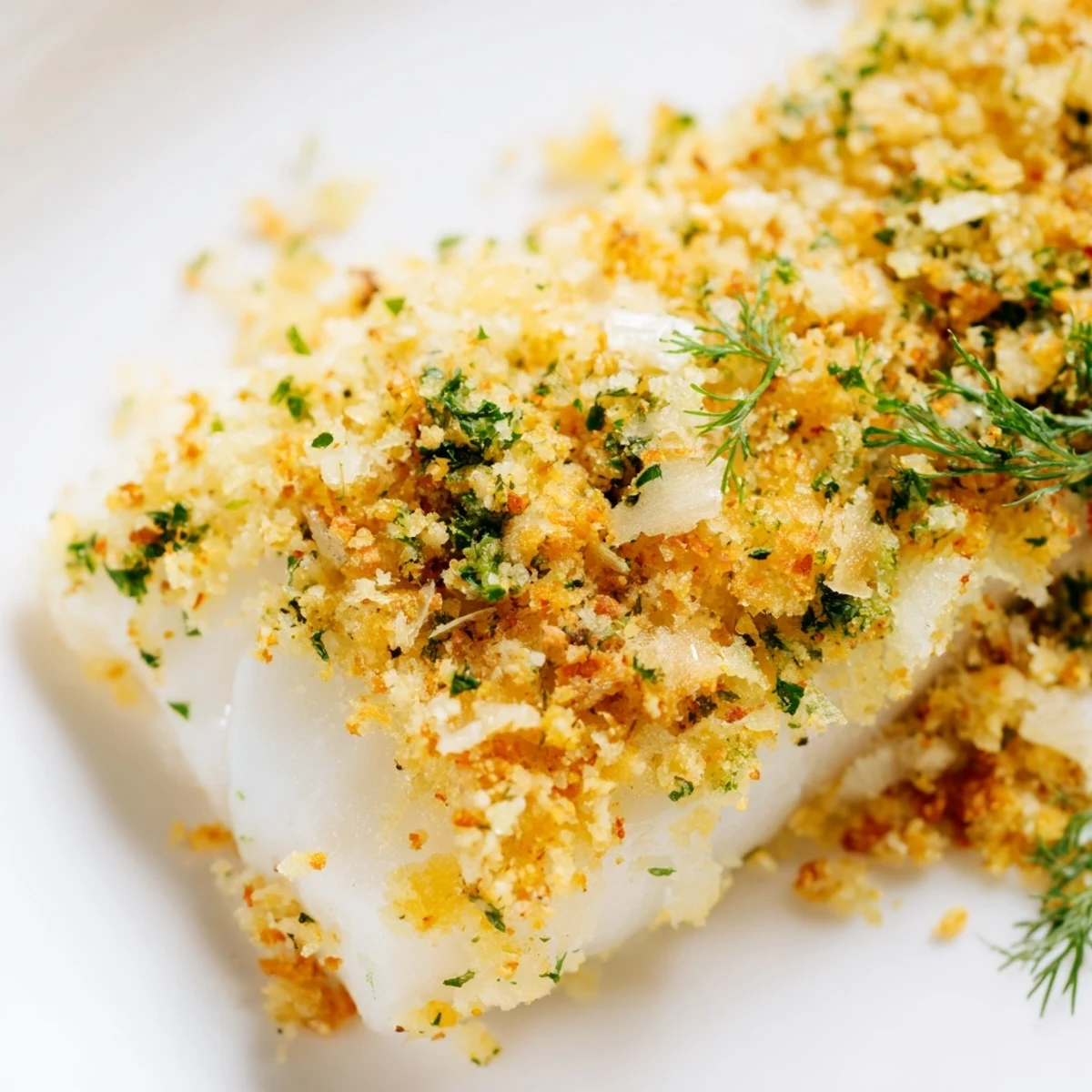 Golden Baked Cod with Lemon Herb Panko Breadcrumbs served on a white plate with lemon wedges and fresh herbs.