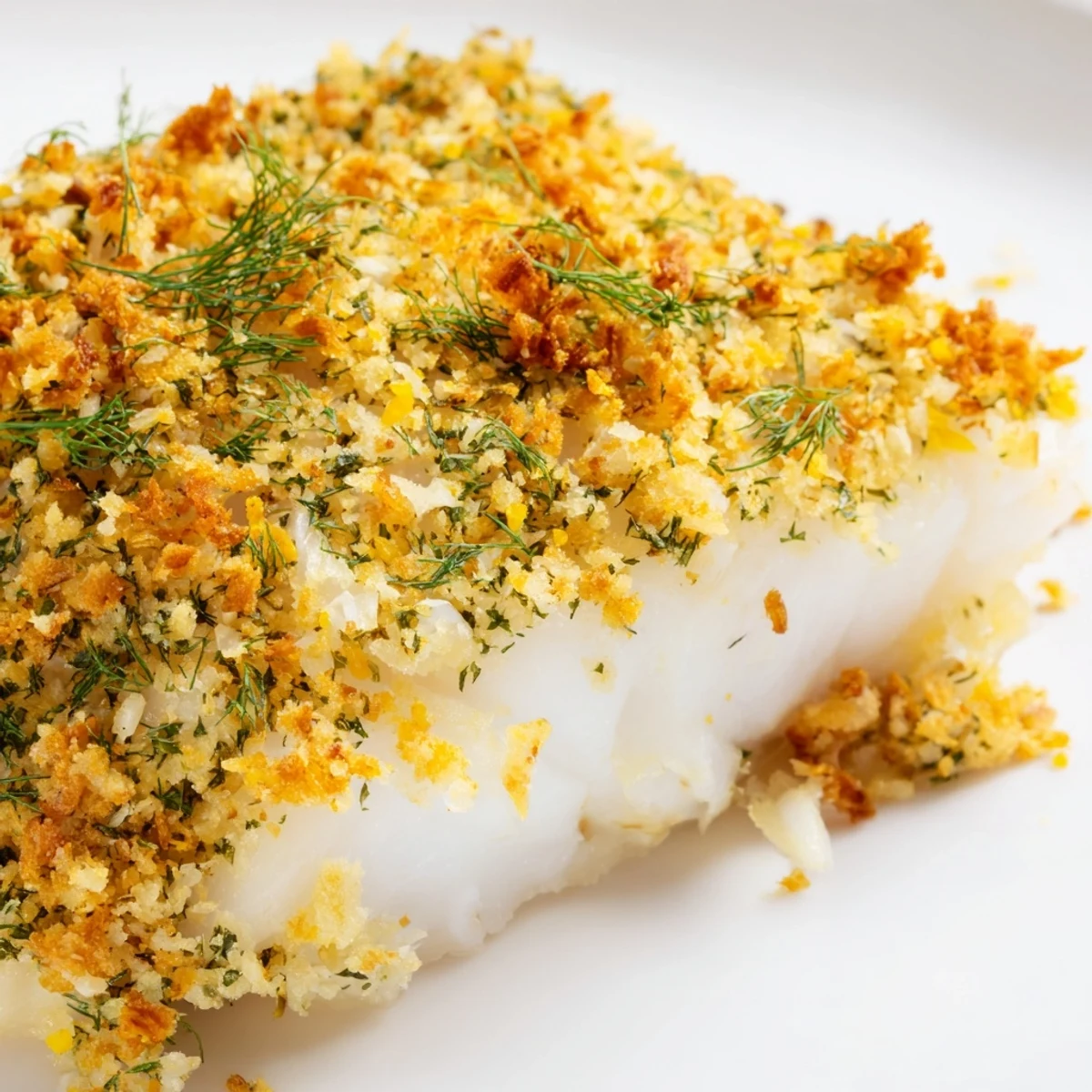 Freshly baked Baked Cod with Lemon Herb Panko Breadcrumbs on a ceramic platter garnished with lemon slices and parsley.