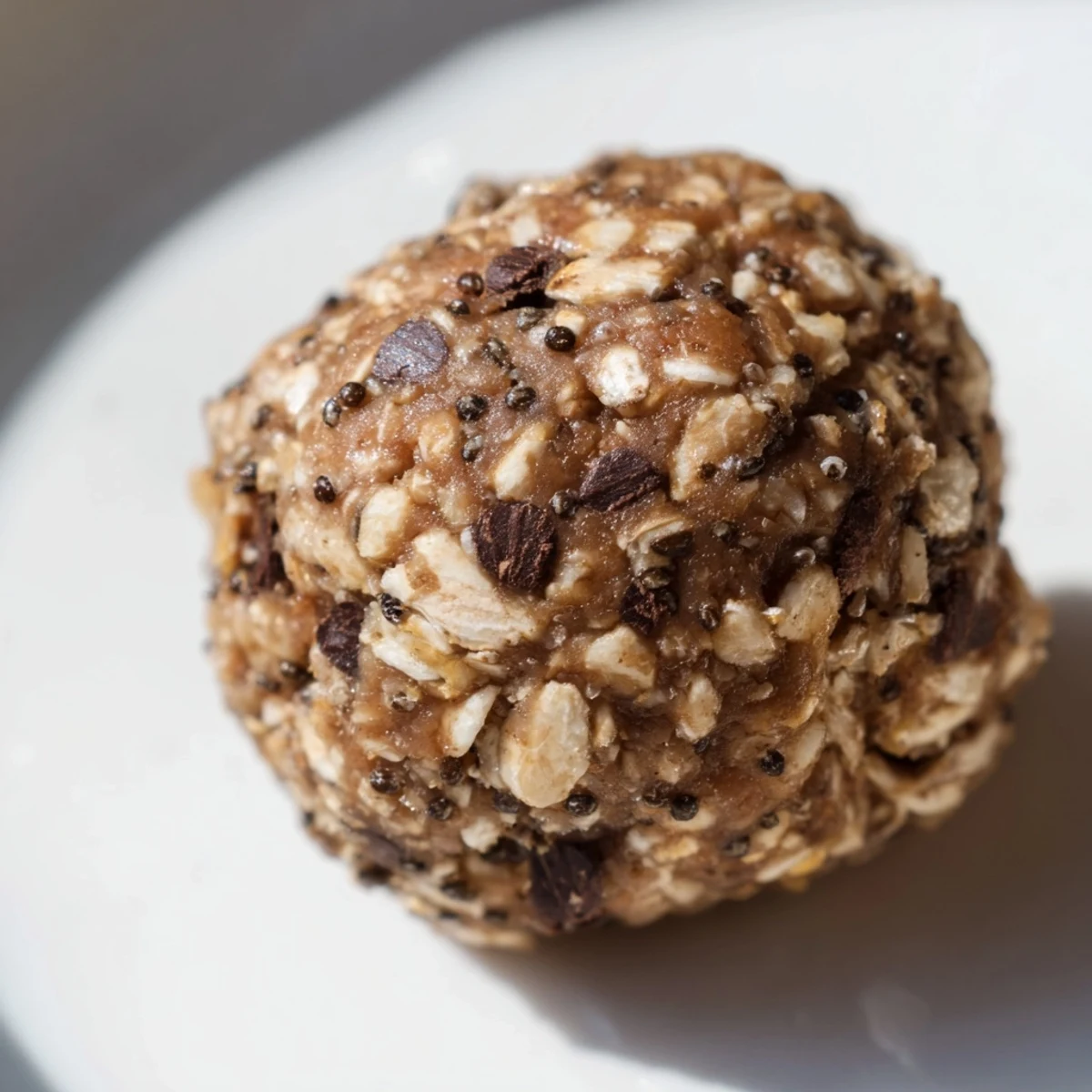 Delicious chocolate peanut butter energy balls with chia seeds on a white plate, ready to eat.
