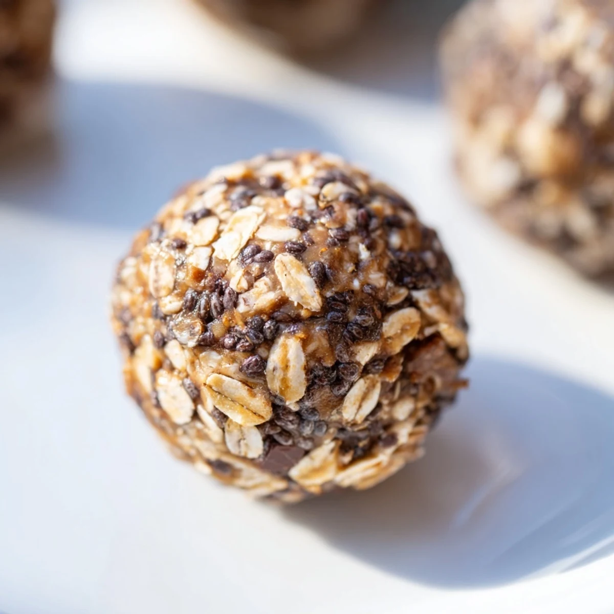 Homemade chocolate peanut butter energy balls with chia seeds, showing a chewy and moist texture.