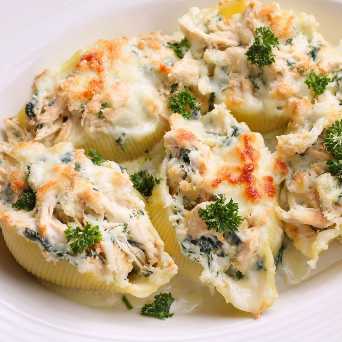 Golden baked Chicken Alfredo Stuffed Shells with spinach and cheese bubbling in a 9x13 dish, garnished with parsley.