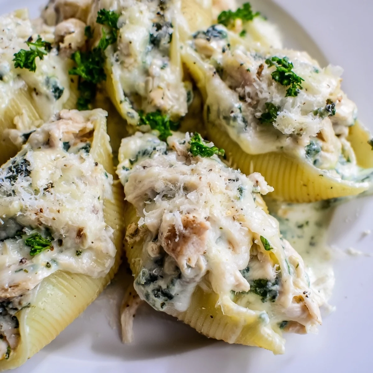 Plate of Chicken Alfredo Stuffed Shells with spinach and cheese, served beside a crisp salad and garlic bread.