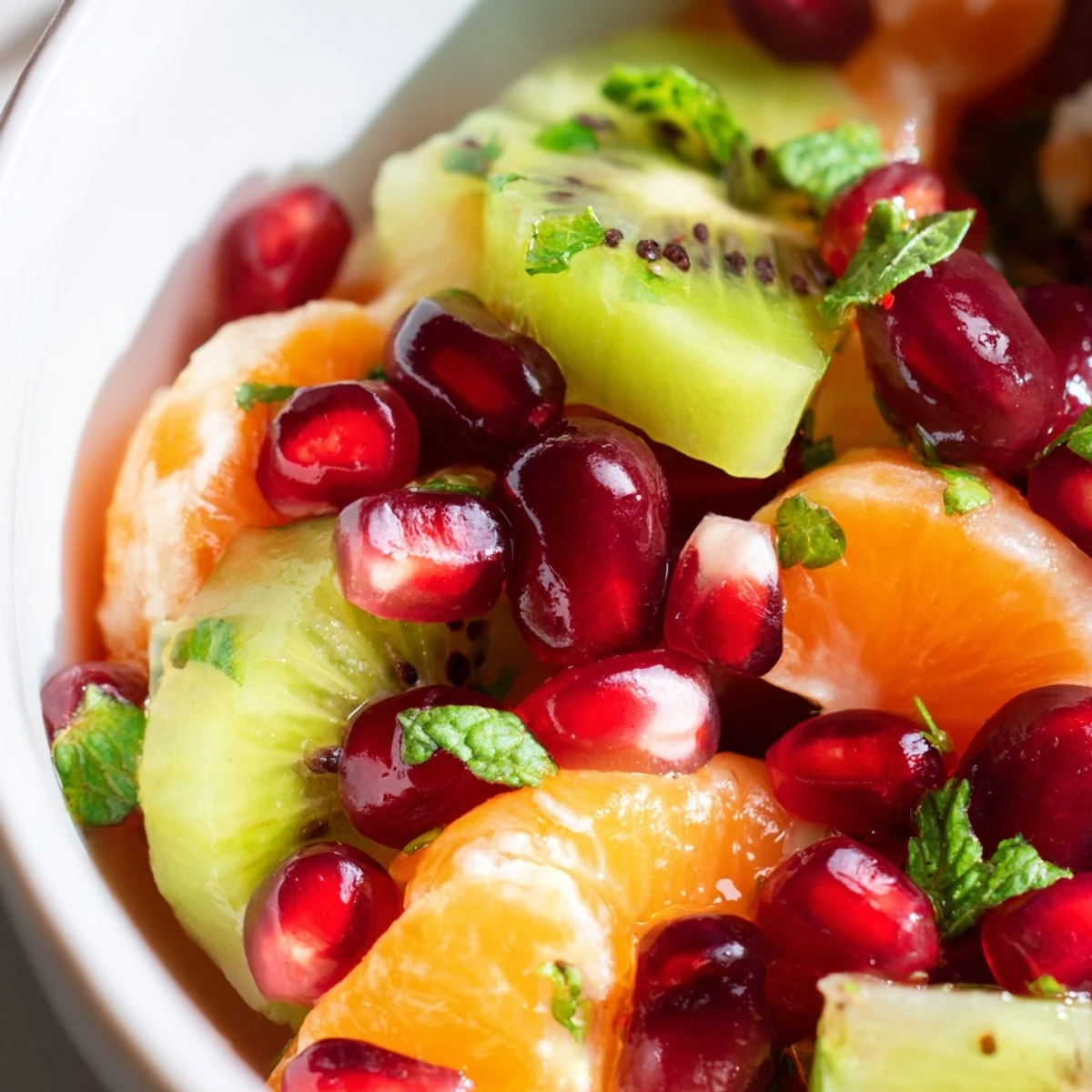 A vibrant bowl of Winter Fruit Salad with oranges, kiwis, and pomegranate arils glistening with a fresh honey-lime-mint dressing.