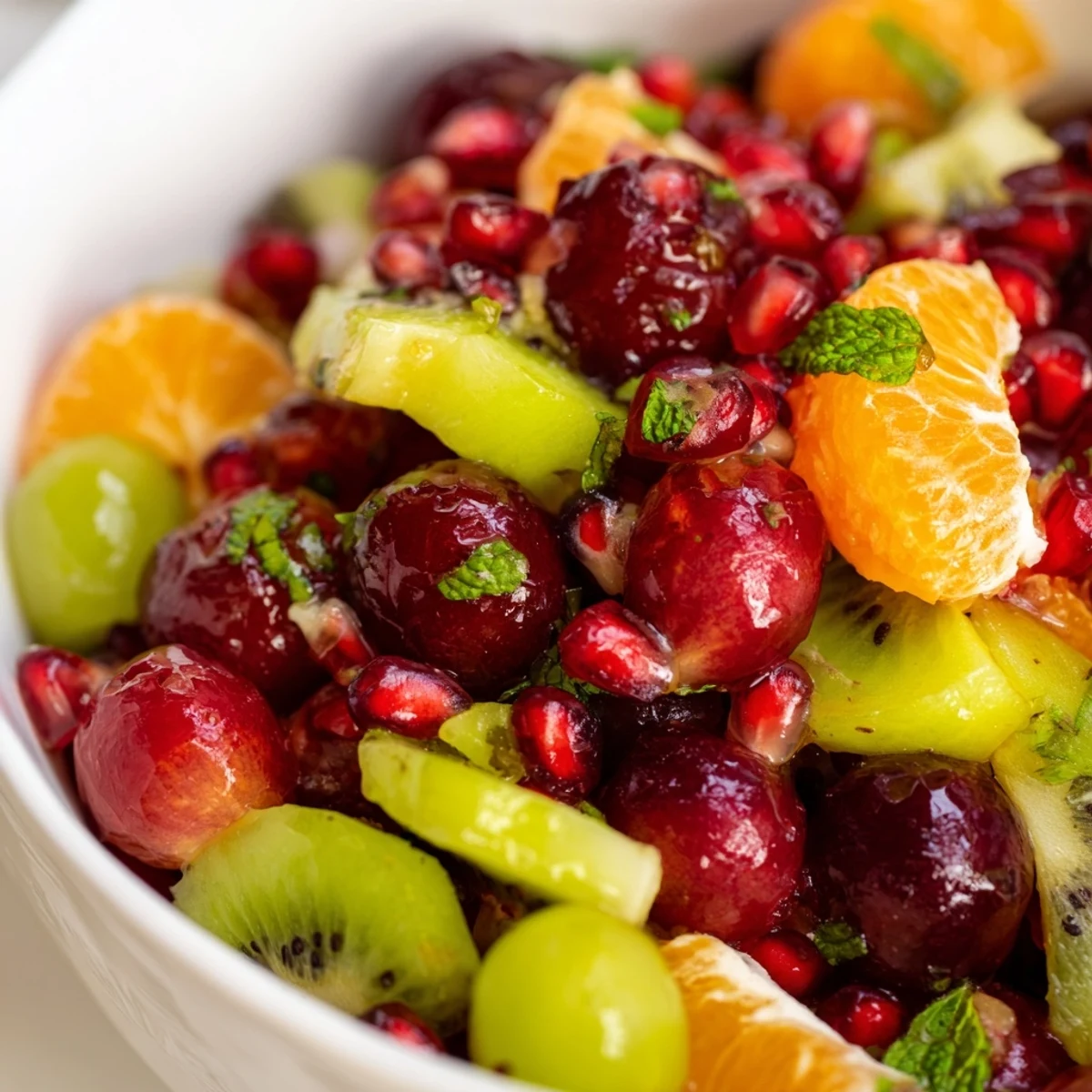 Freshly prepared Winter Fruit Salad served in a white bowl, featuring diced apples, pears, and red grapes tossed in zesty dressing.
