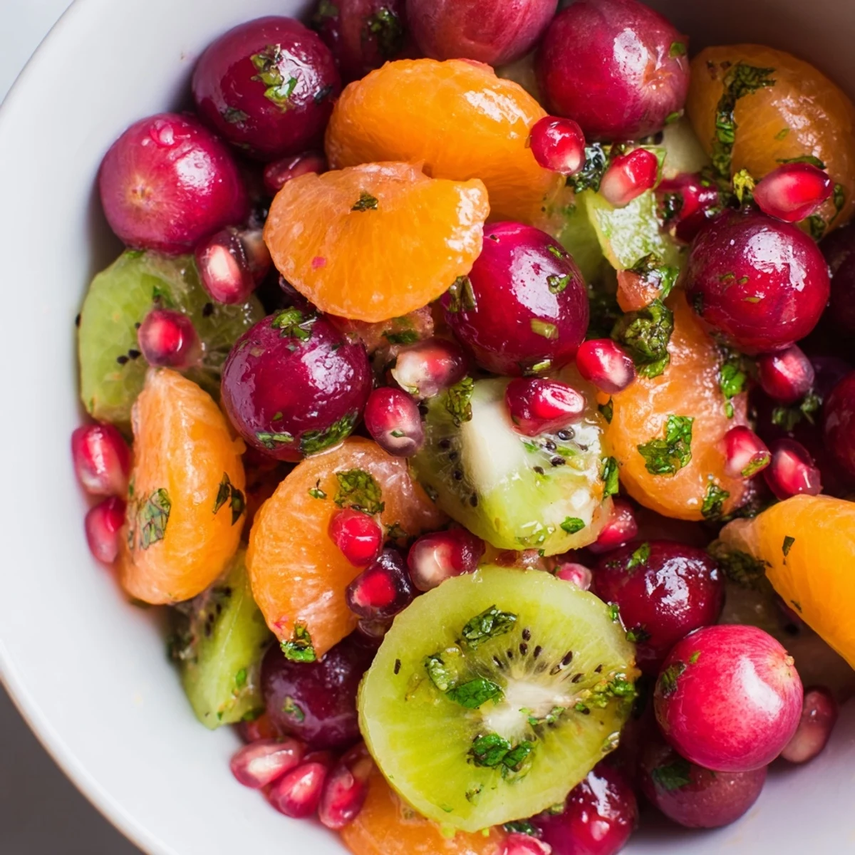 An overhead view of Winter Fruit Salad with segmented citrus and sliced kiwi, garnished with mint leaves and ready to eat.