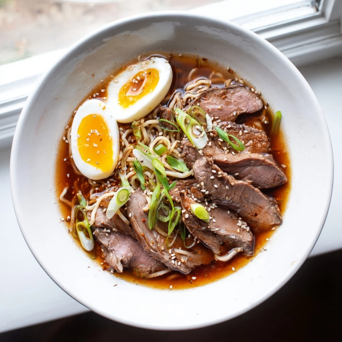 A close-up of Spicy Beef Ramen with Soft Boiled Egg and Scallions, featuring silky noodles and halved jammy eggs.