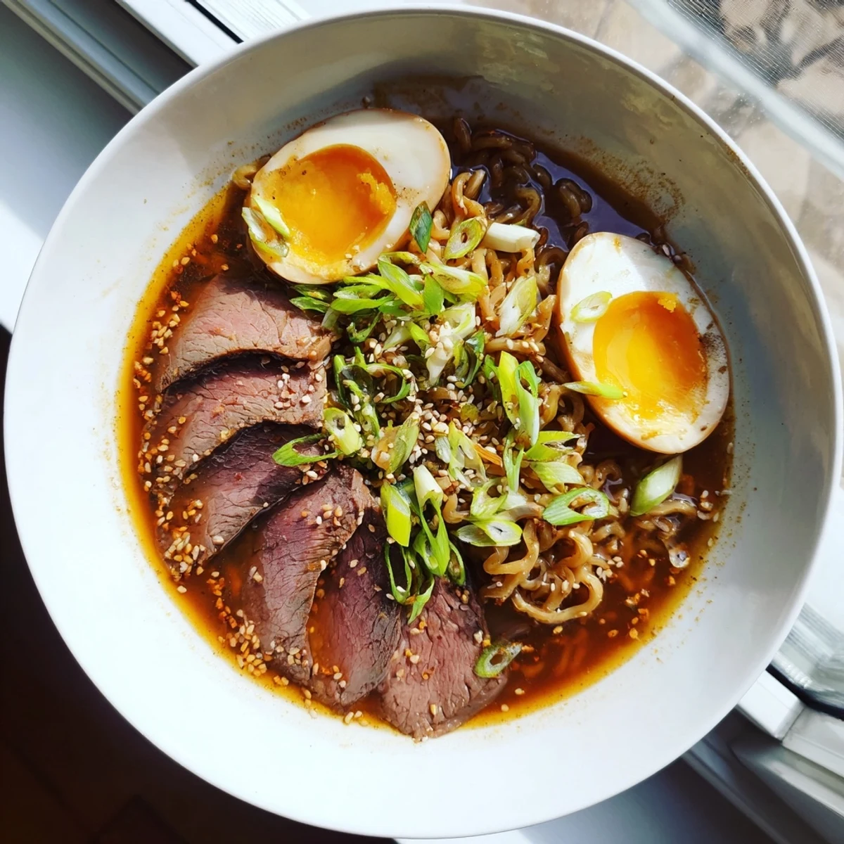 Garnished with fresh scallions and sesame seeds, Spicy Beef Ramen with Soft Boiled Egg and Scallions ready to serve.