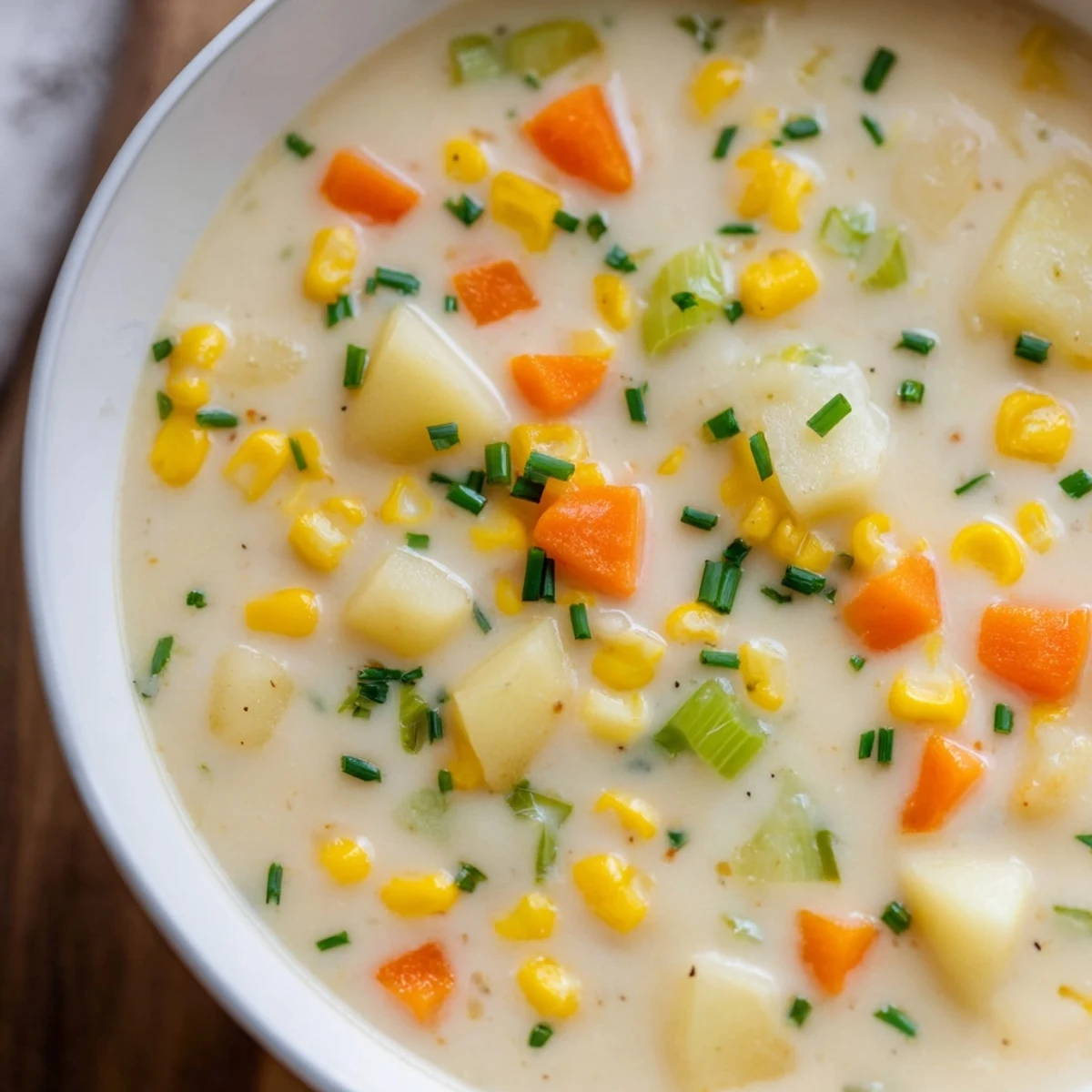 Steaming bowl of Creamy Chowder with Corn and Potato garnished with fresh chives.