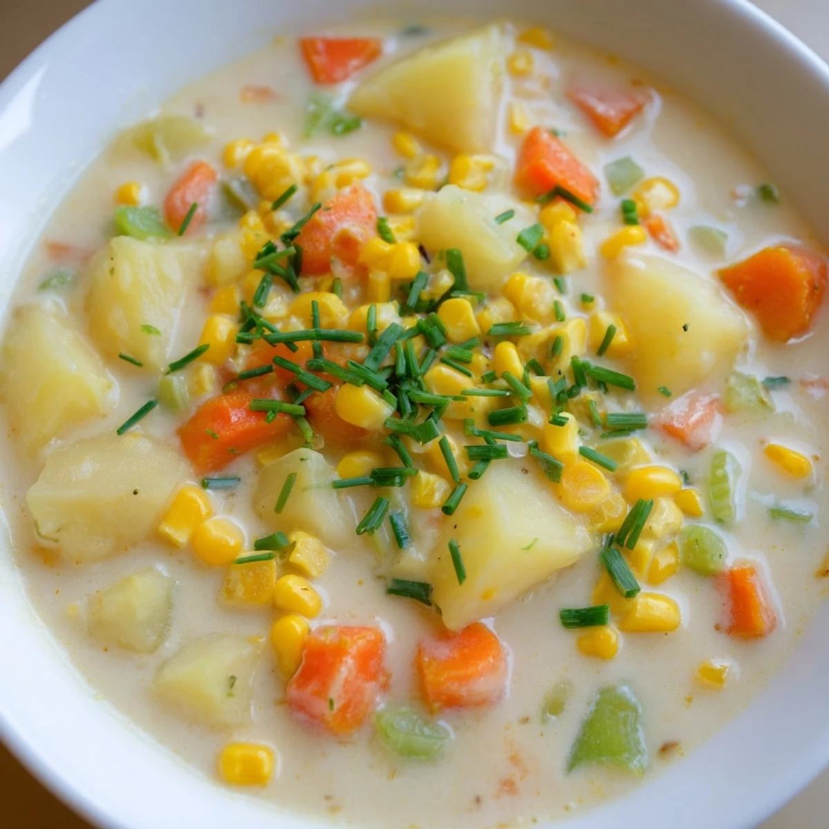 Vibrant yellow corn and soft potato chunks swim in a rich, velvety broth.