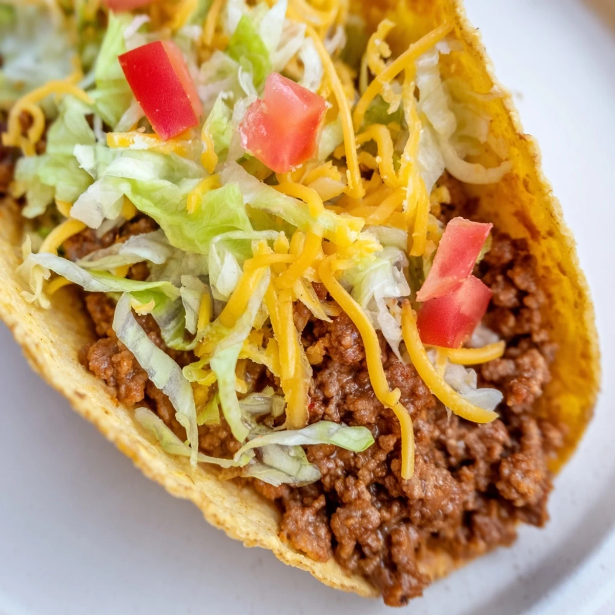 Golden-brown hard taco shells filled with seasoned ground beef, shredded cheddar, crisp lettuce, and diced tomatoes, ready for family taco night.