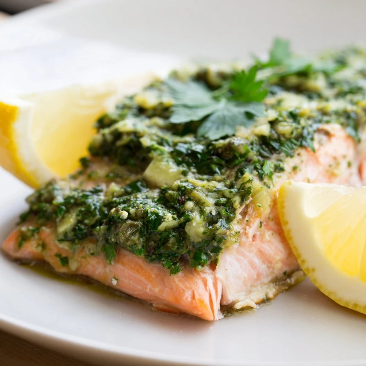 Perfectly baked salmon fillets with flaky texture, topped with a vibrant green salsa verde and fresh lemon slices.