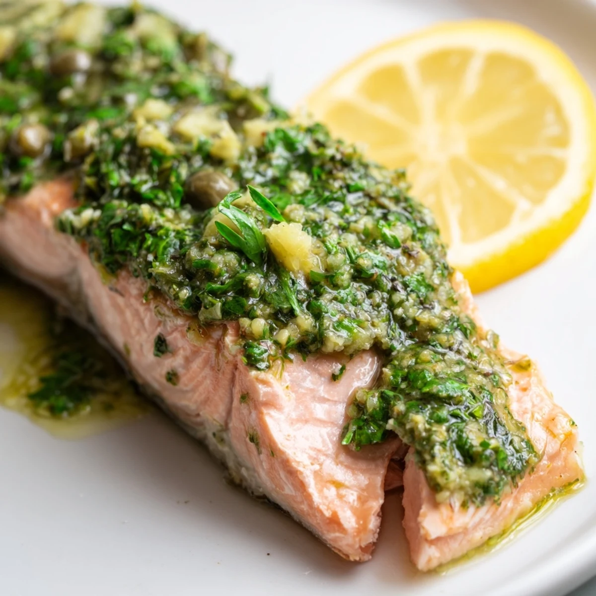 Four golden baked salmon fillets drizzled with herb-packed salsa verde, ready to serve with lemon wedges on the side.