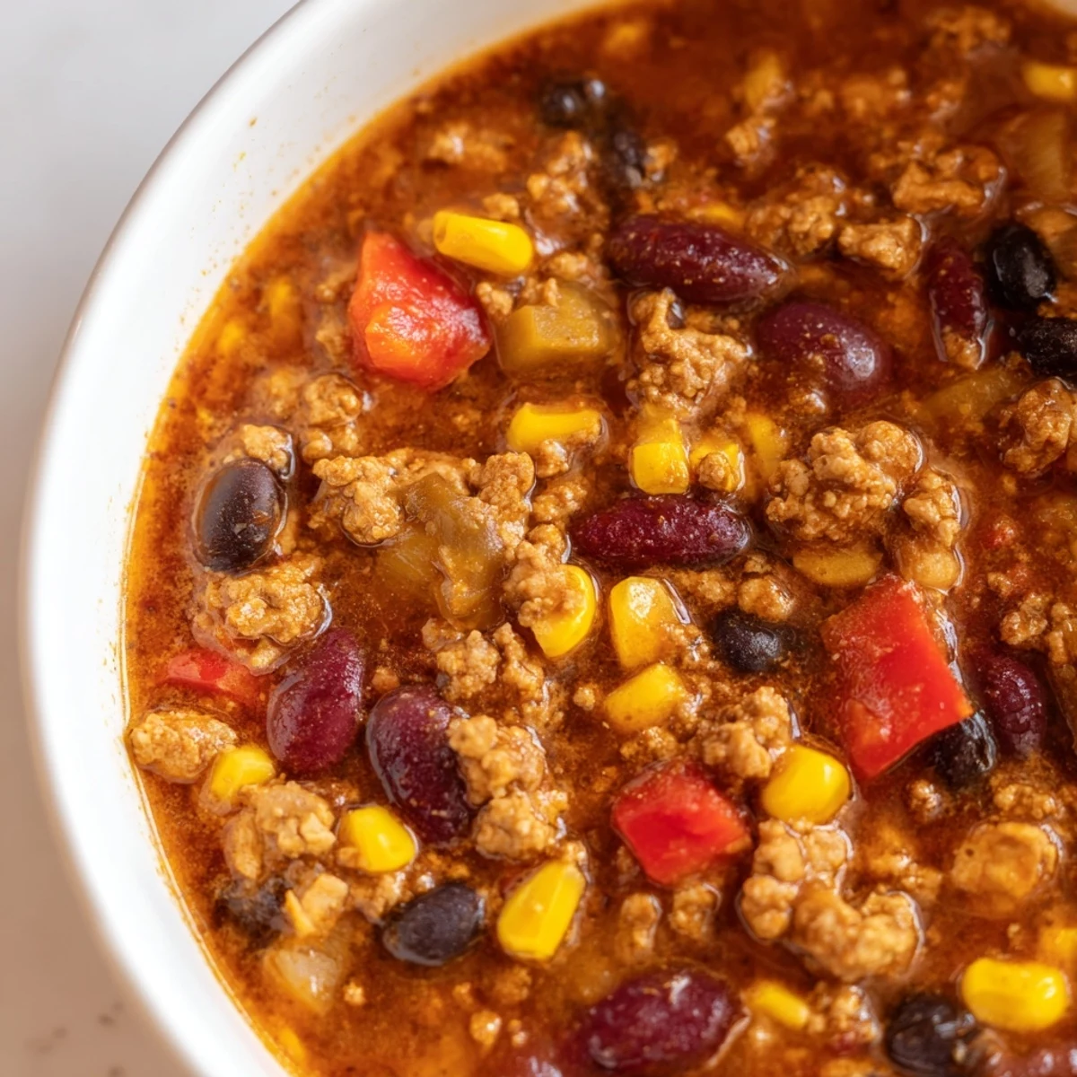 Steaming turkey chili in a rustic bowl, topped with crunchy crackers and fresh cilantro for a cozy weeknight meal.
