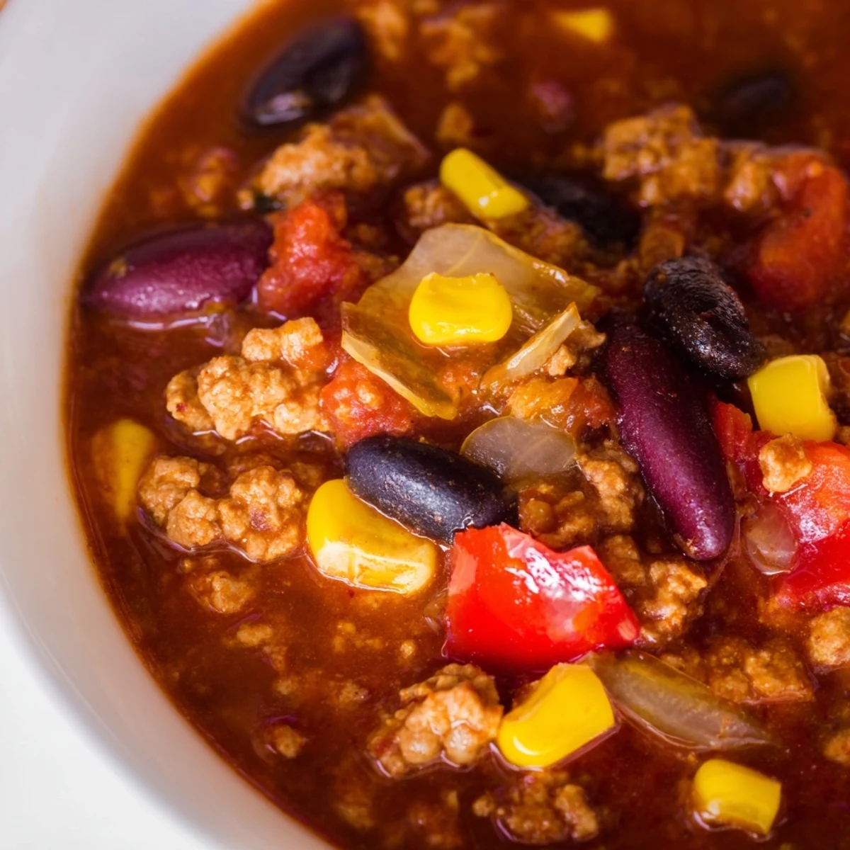 A close-up of hearty turkey chili filled with beans and corn, served beside crisp crackers on a wooden table.