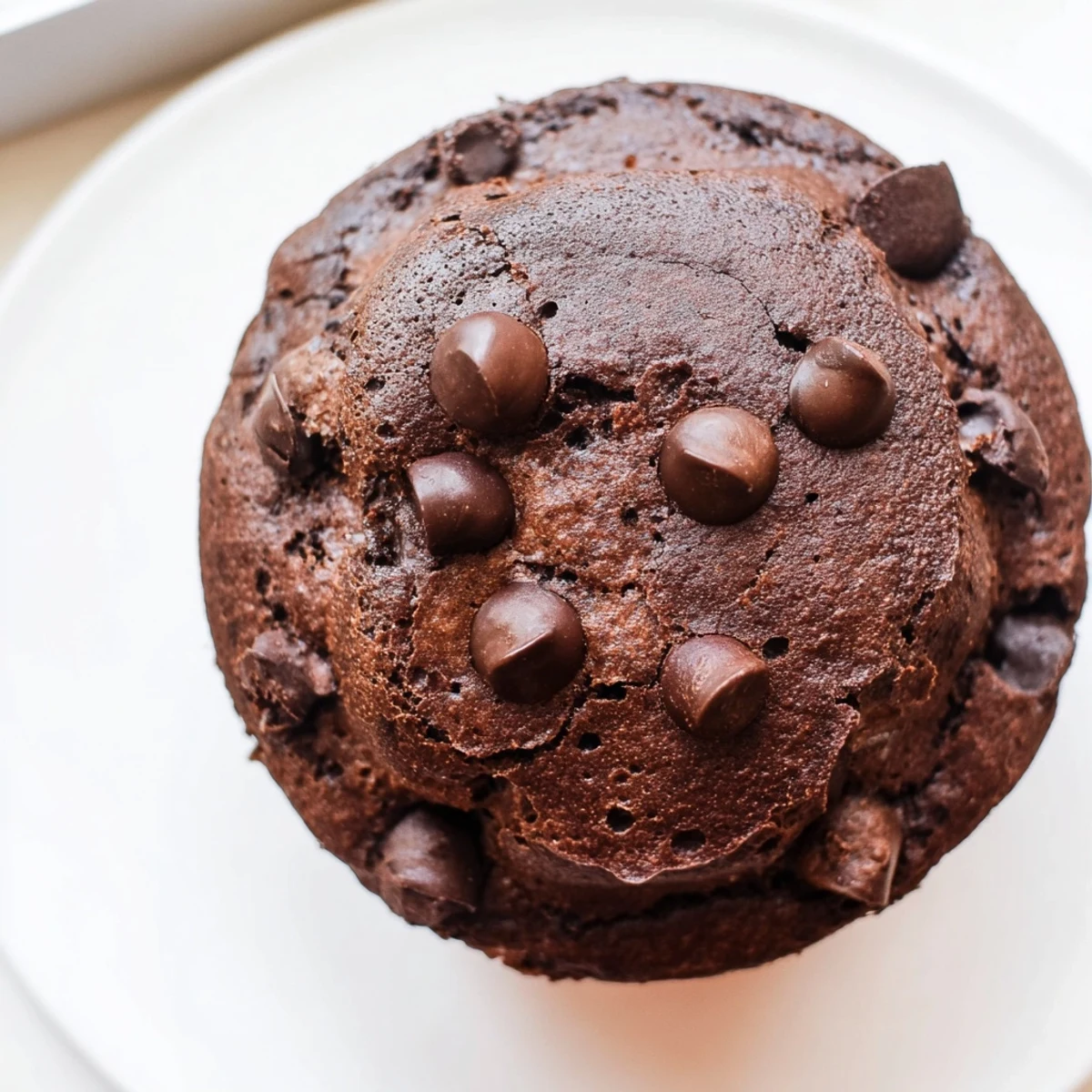 Freshly baked Chocolate Muffin Tops with chips over parchment paper, revealing rich cocoa aroma and decadent dessert toppings.