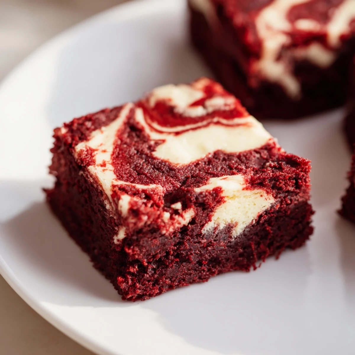 This red velvet brownies with cream cheese swirl dessert is sliced into squares, revealing the rich cocoa crumb and creamy filling.