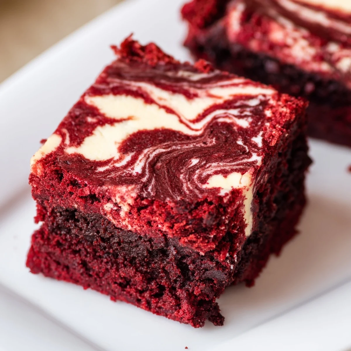 A close-up view of red velvet brownies with cream cheese swirl, showcasing their fudgy texture and marbled appearance.